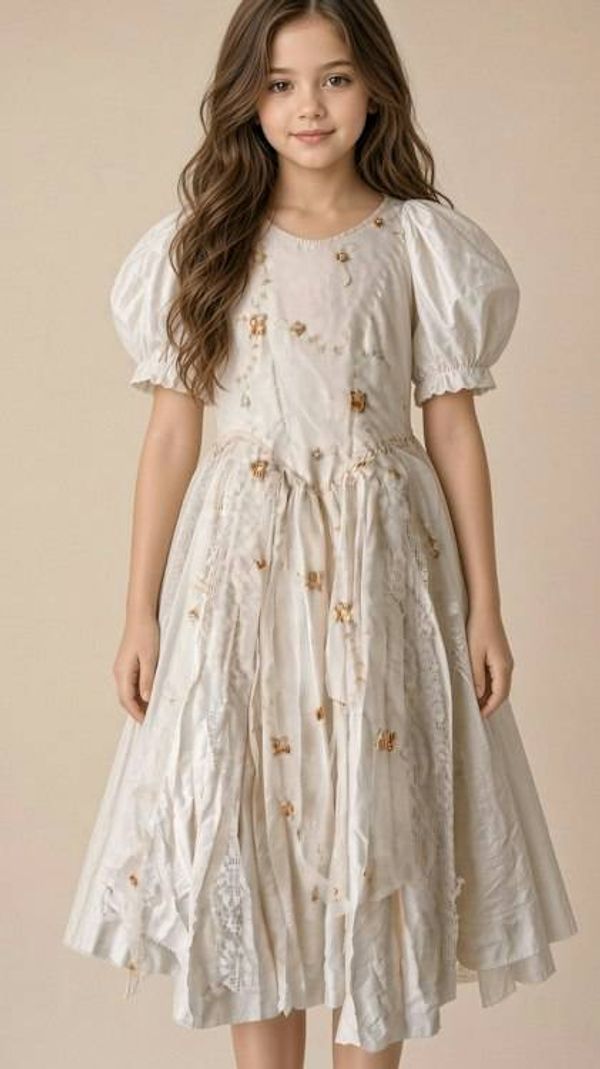 Alternate image for Enchanting Ivory silk girls dress with puff sleeves and lace details