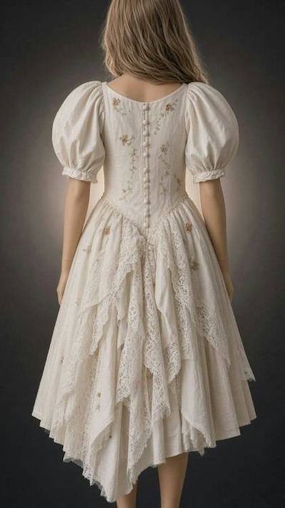 Alternate image for Enchanting Ivory silk girls dress with puff sleeves and lace details
