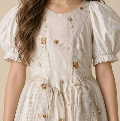 Alternate image for Enchanting Ivory silk girls dress with puff sleeves and lace details