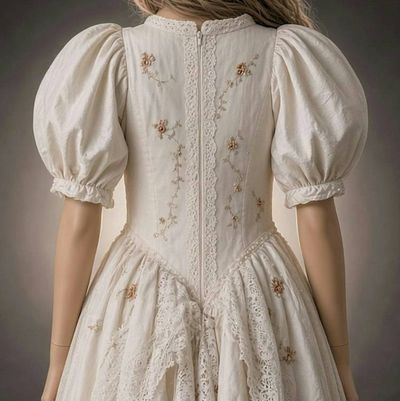 Alternate image for Enchanting Ivory silk girls dress with puff sleeves and lace details
