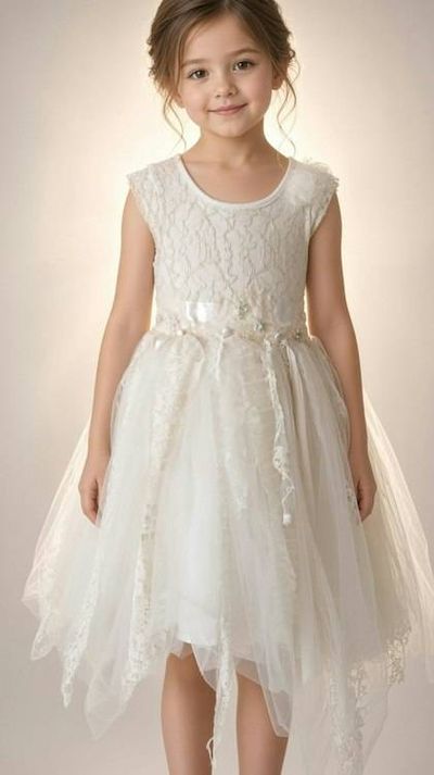 Primary image for Handcrafted Ivory Lace Flower Girl Dress with Asymmetrical Tulle Skirt and Satin Bow