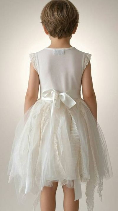 Alternate image for Handcrafted Ivory Lace Flower Girl Dress with Asymmetrical Tulle Skirt and Satin Bow