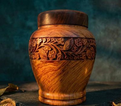 Alternate image for Hand-Carved Wooden Memorial Urn with Floral Relief Design