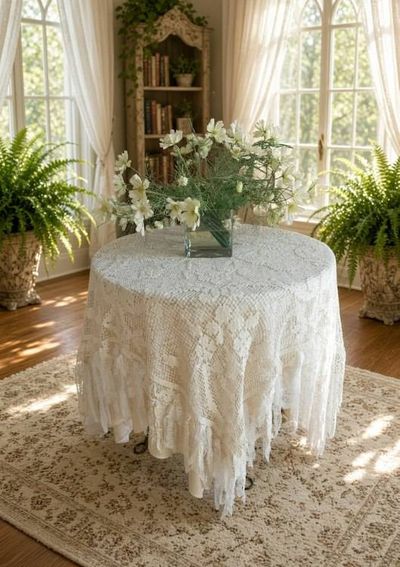 Alternate image for Handcrafted macramé vintage tablecloth with elegant fringe detail