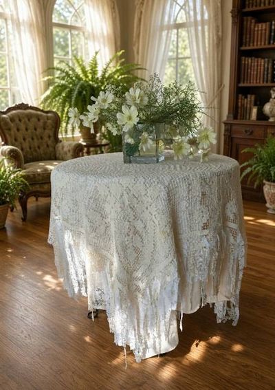 Alternate image for Handcrafted macramé vintage tablecloth with elegant fringe detail
