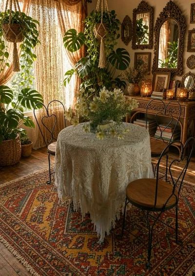 Alternate image for Handcrafted macramé vintage tablecloth with elegant fringe detail
