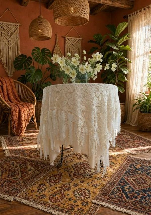 Alternate image for Handcrafted macramé vintage tablecloth with elegant fringe detail