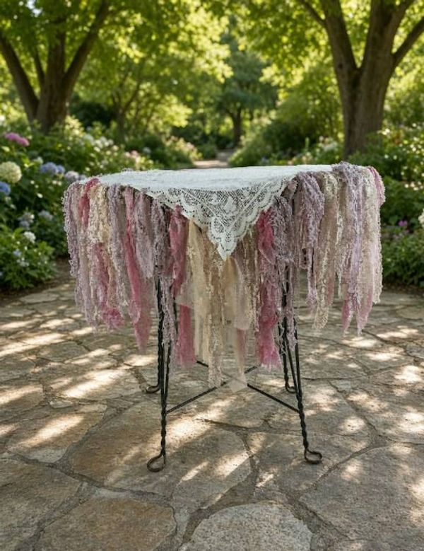 Alternate image for Romantic vintage lace table cloth with handcrafted fringe