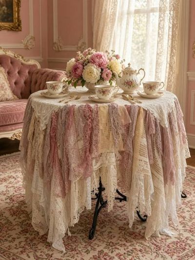 Alternate image for Romantic vintage lace table cloth with handcrafted fringe