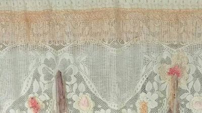 Alternate image for Vintage-Inspired handcrafted lace drape with floral embellishments and fringe detail
