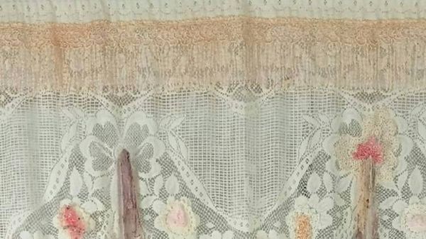 Alternate image for Vintage-Inspired handcrafted lace drape with floral embellishments and fringe detail