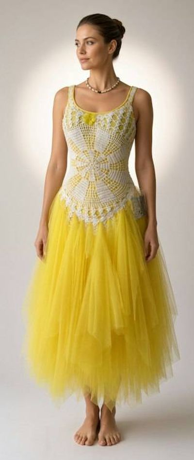 Primary image for Handcrafted yellow tulle ball gown with crochet bodice and embellished details