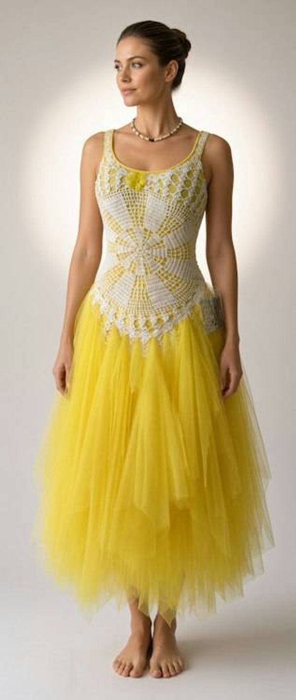 Alternate image for Handcrafted yellow tulle ball gown with crochet bodice and embellished details