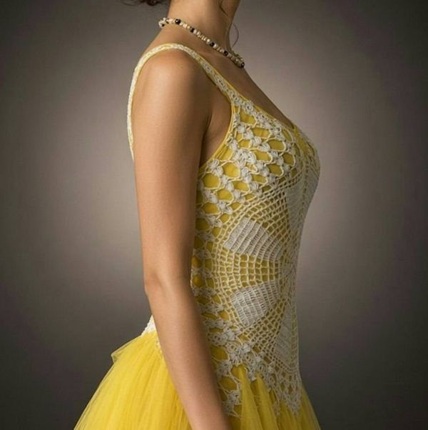 Alternate image for Handcrafted yellow tulle ball gown with crochet bodice and embellished details