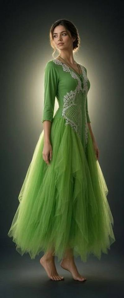 Alternate image for Handcrafted sage green tulle dress with ivory crochet bodice