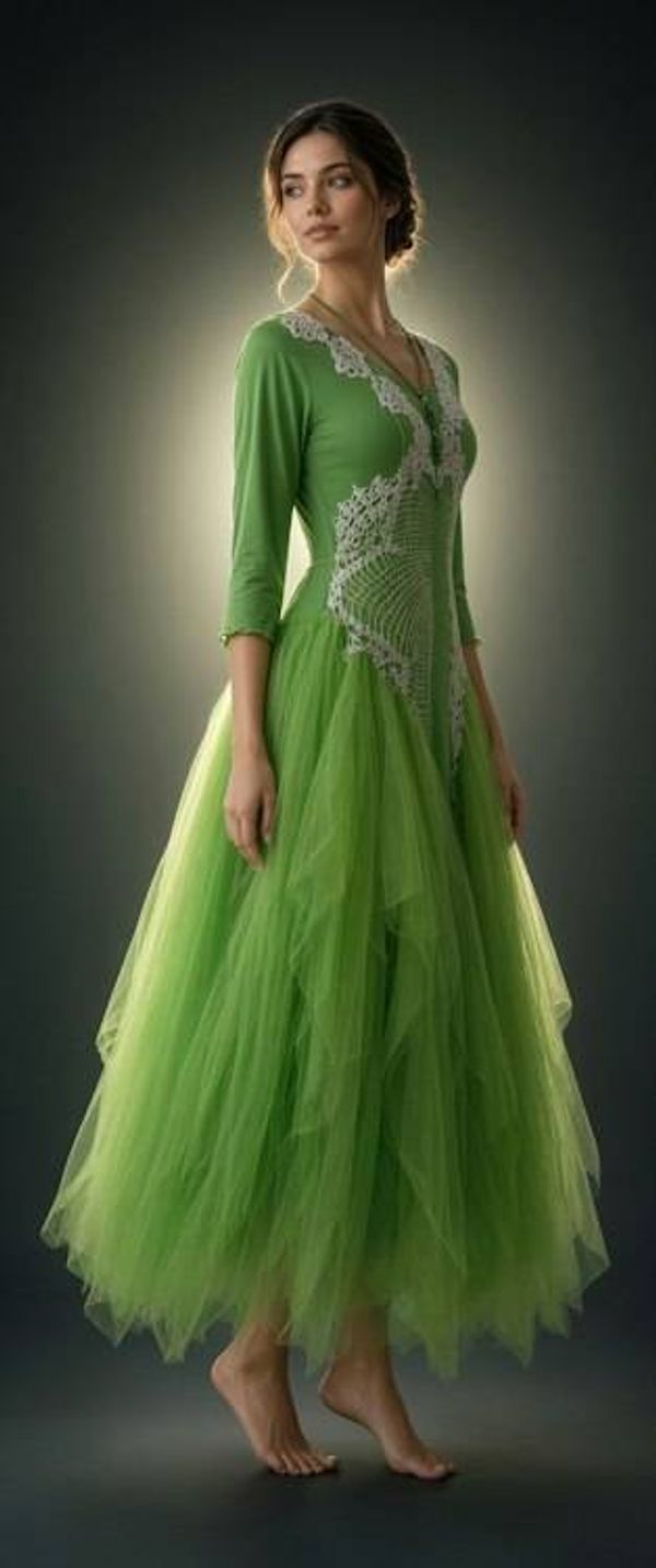 Alternate image for Handcrafted sage green tulle dress with ivory crochet bodice