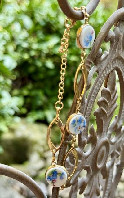 Alternate image for Forget-Me-Not bracelet from fine china with links, adjustable length from broken porcelain, upcycled , Mothers Day, Birthday, Anniversary