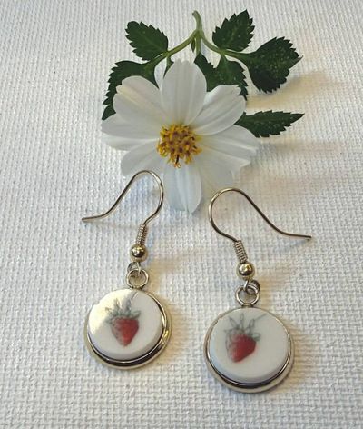 Primary image for Simple Strawberries Earrings From Vintage Plate, Fruit Dangling Earrings From Recycled Broken Plates/Cups, Jewelry For Her, Unique Gift
