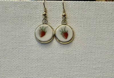 Alternate image for Simple Strawberries Earrings From Vintage Plate, Fruit Dangling Earrings From Recycled Broken Plates/Cups, Jewelry For Her, Unique Gift