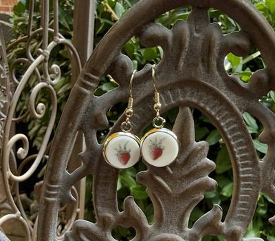 Alternate image for Simple Strawberries Earrings From Vintage Plate, Fruit Dangling Earrings From Recycled Broken Plates/Cups, Jewelry For Her, Unique Gift