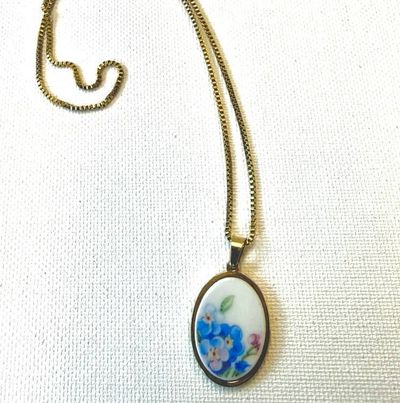 Primary image for Broken Vintage Plate Forget-Me-Not necklace from reclaimed china, upcycled unique  jewelry from crockery made into jewelry, original gift