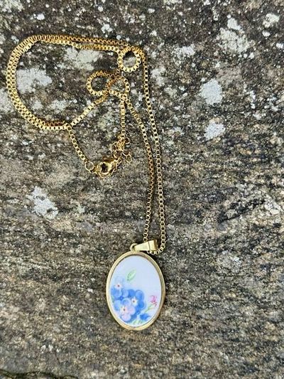 Alternate image for Broken Vintage Plate Forget-Me-Not necklace from reclaimed china, upcycled unique  jewelry from crockery made into jewelry, original gift