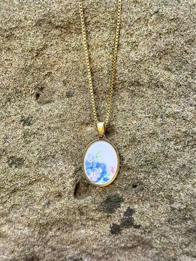 Alternate image for Broken Vintage Plate Forget-Me-Not necklace from reclaimed china, upcycled unique  jewelry from crockery made into jewelry, original gift
