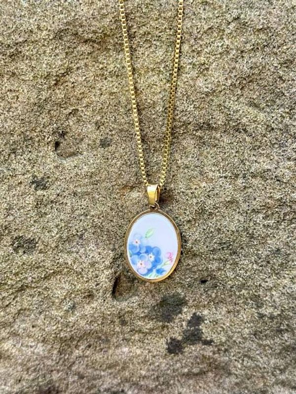 Alternate image for Broken Vintage Plate Forget-Me-Not necklace from reclaimed china, upcycled unique jewelry from crockery made into jewelry, original gift