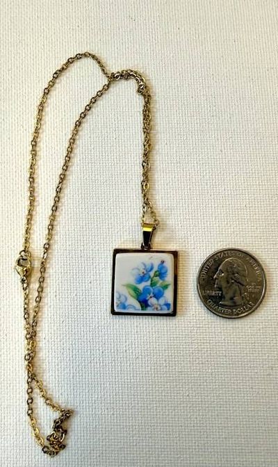 Alternate image for Vintage Broken China Pendant: Upcycled Porcelain Forget-Me-Not Flowers Necklace