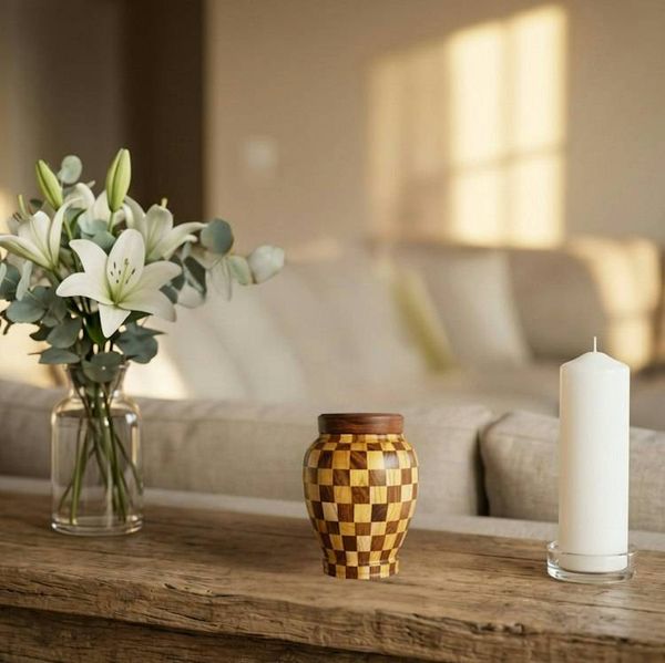 Alternate image for Dama Patchwork Wood Keepsake Urn | Small Mosaic Cremation Urns for Ashes
