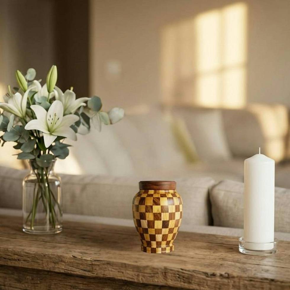 Dama Patchwork Wood Keepsake Urn | Small Mosaic Cremation Urns for Ashes
