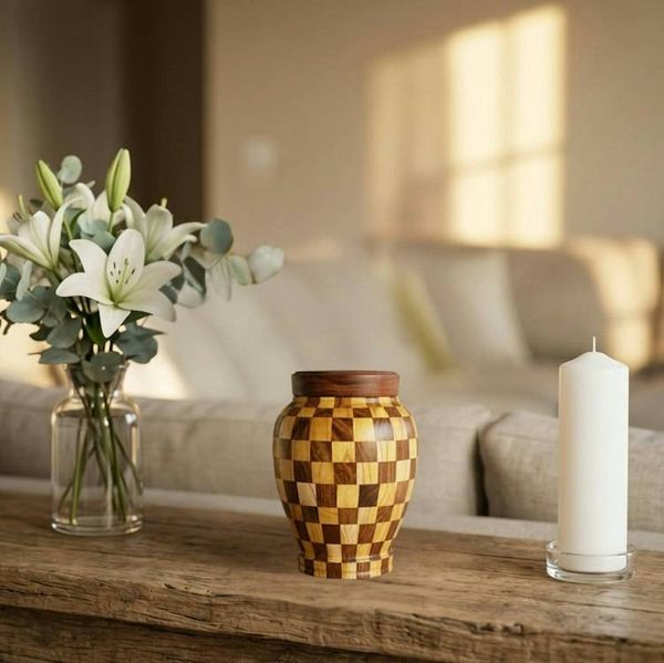 Alternate image for Dama Patchwork Wood Keepsake Urn | Small Mosaic Cremation Urns for Ashes