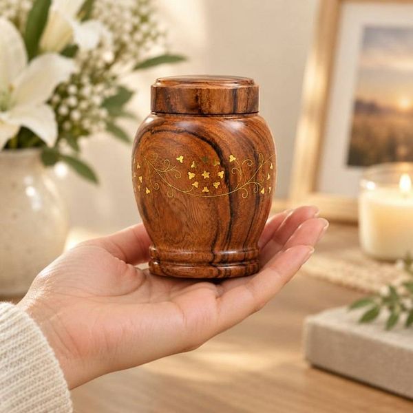 Alternate image for Adair Mini Brass Inlay Wood Urn | Small Keepsake Urns with Brass Detailing