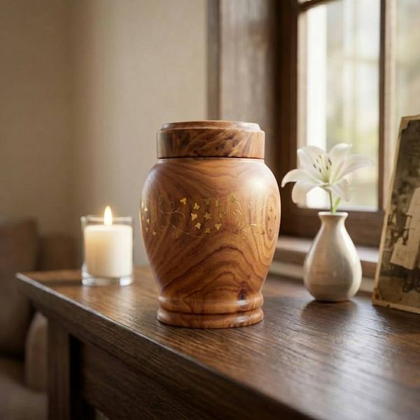 Alternate image for Handcrafted Rosewood Memorial Urn with Brass Inlay Floral Design for Adult Ashes