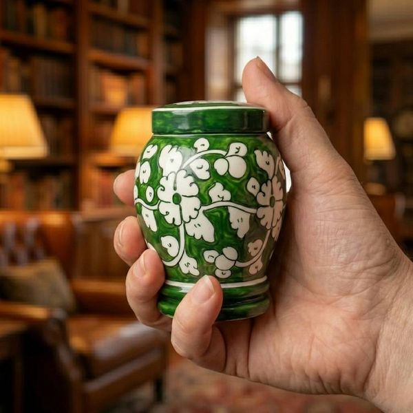 Alternate image for Green and White Ceramic Urn | Handcrafted Pottery Keepsake Urns