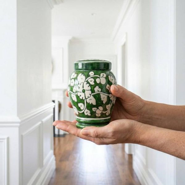 Alternate image for Green & White Pottery Urn | Handmade Ceramic Cremation Urns for Child and Pet Ashes (1.0 & 2.0)