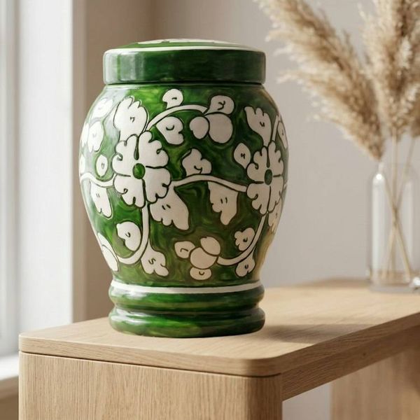 Alternate image for Green and White Ceramic Urn 3.0 & 4.0 | Handmade Large Memorial Urns for Adult Ashes