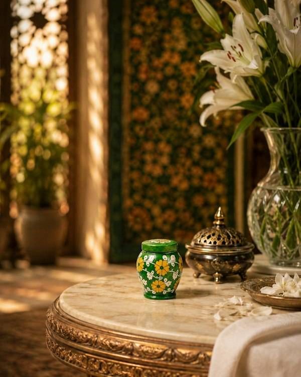 Alternate image for Green & Yellow Pottery Keepsake Urn | Handmade Cremation Urns for Ashes