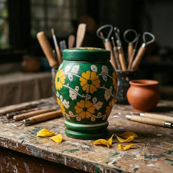 Alternate image for Green & Yellow Pottery Urn | Handmade Ceramic Cremation Urns for Child and Pet Ashes (1.0 & 2.0)