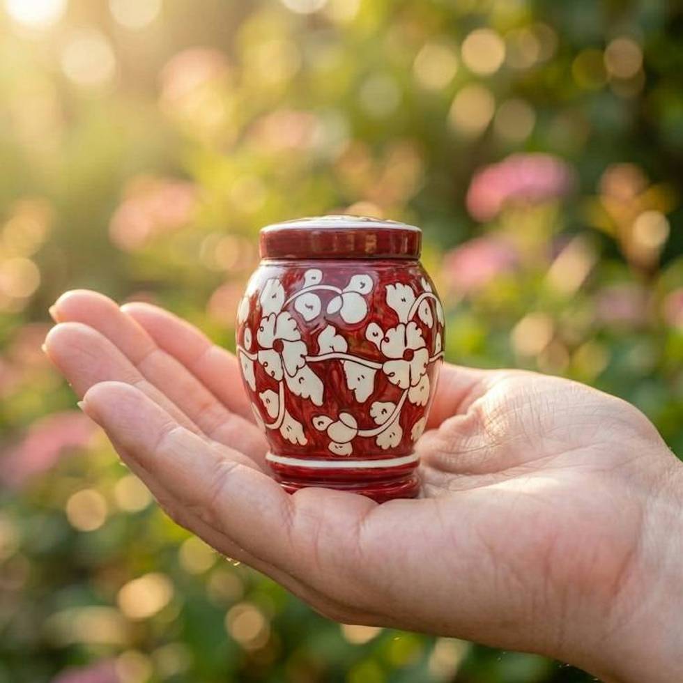 Red & White Pottery Keepsake Urn | Handmade Ceramic Cremation Urns for Ashes