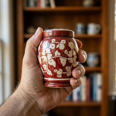 Alternate image for Red & White Pottery Keepsake Urn | Handmade Ceramic Cremation Urns for Ashes