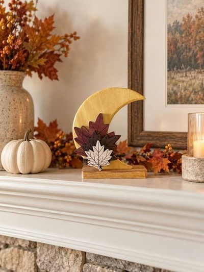 Alternate image for Handcrafted Wooden Crescent Moon with Autumn Leaves Decorative Sculpture