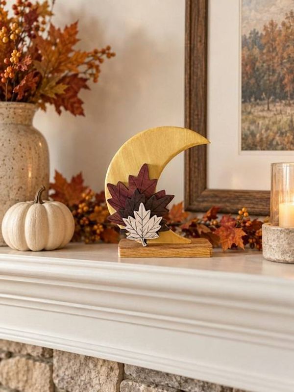 Alternate image for Handcrafted Wooden Crescent Moon with Autumn Leaves Decorative Sculpture