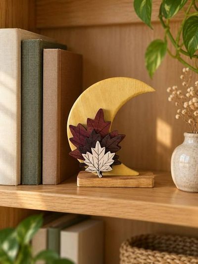 Alternate image for Handcrafted Wooden Crescent Moon with Autumn Leaves Decorative Sculpture