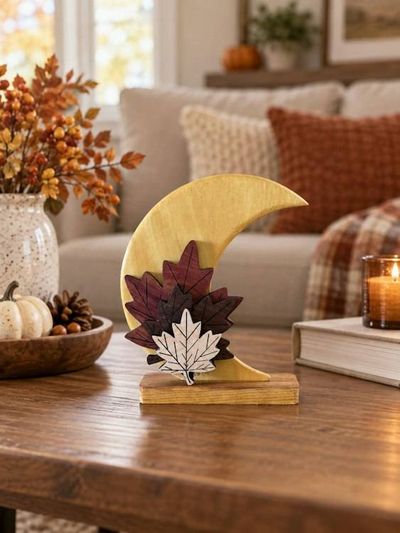 Alternate image for Handcrafted Wooden Crescent Moon with Autumn Leaves Decorative Sculpture
