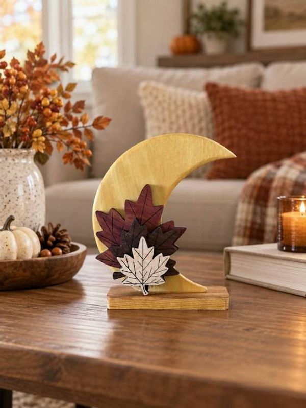 Alternate image for Handcrafted Wooden Crescent Moon with Autumn Leaves Decorative Sculpture