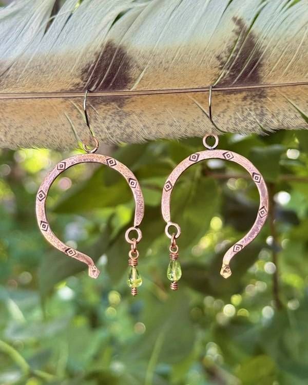 Alternate image for Peridot Copper Hoop Earrings Hand Stamped Bohemian Dangle Statement Jewelry