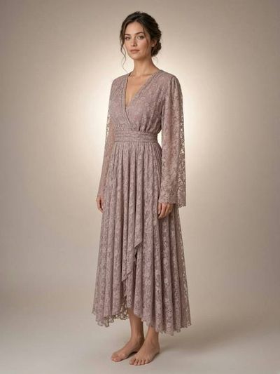 Primary image for Handcrafted Mauve Lace Wrap Dress with Asymmetric Hem