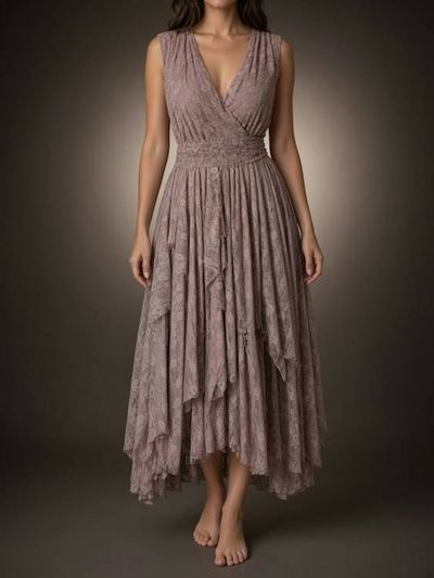 Alternate image for Handcrafted Mauve Lace Wrap Dress with Asymmetric Hem