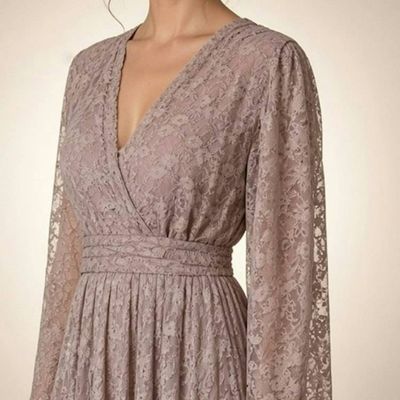 Alternate image for Handcrafted Mauve Lace Wrap Dress with Asymmetric Hem